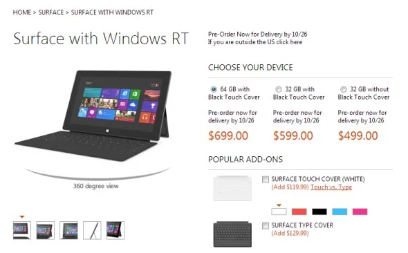 Microsoft Surface RT Price in US