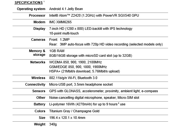Asus FonePad specifications