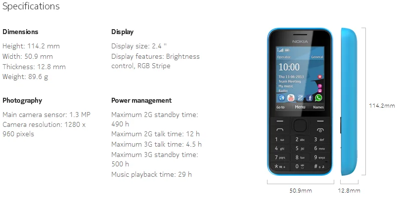 Nokia 208 Specs