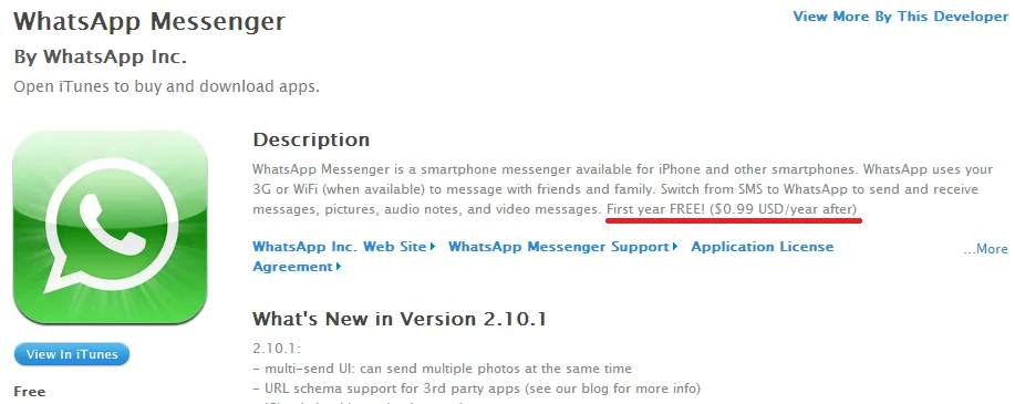 Whatsapp iOS 99cents a year