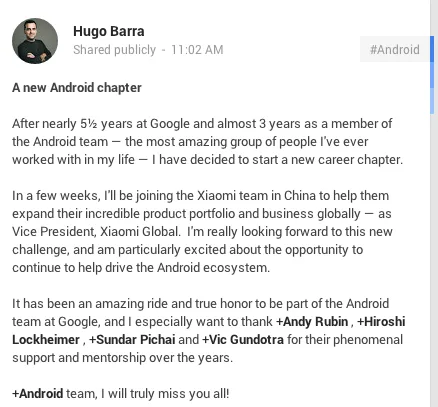Hugo Barra G Plus to Join Xiaomi