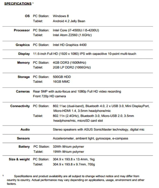 ASUS Transformer Trio Speciifications
