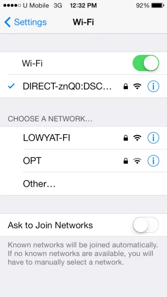 QX 100 WiFi Settings on iPhone
