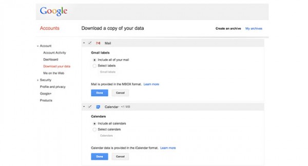 Google Export Gmail and Calendar Data