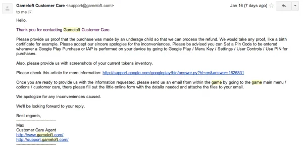 Gameloft Request for Proof of Underage Child