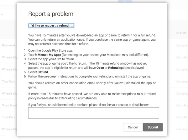 Request Refund on Play Store