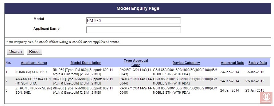 Nokia Normandy RM-980 On SIRIM Database