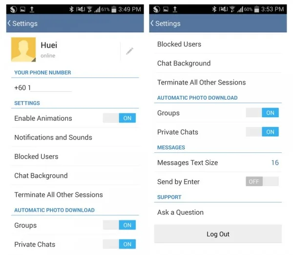 Telegram Settings Menu