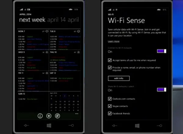 New Calendar and Wi-Fi Sense app, Windows Phone 8.1