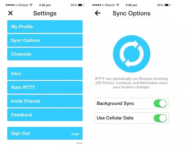 Settings in IFTTT iOS
