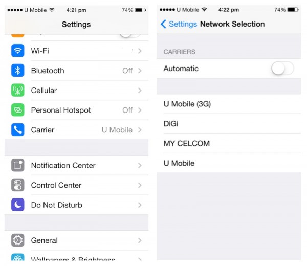 iPhone Manual Network Selection