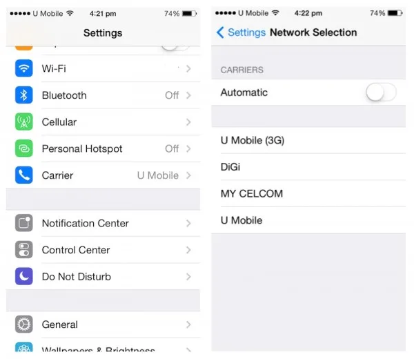 iPhone Manual Network Selection