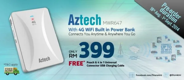 Aztech MWR647 4G LTE Mi-Fi with Built-In Power Bank, Storekini