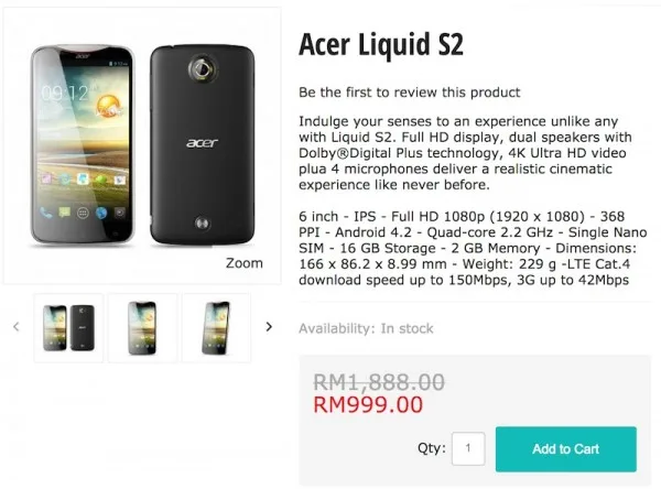 Storekini Acer Liquid S2 Product Page
