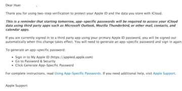 Apple App Specific Password Email Reminder