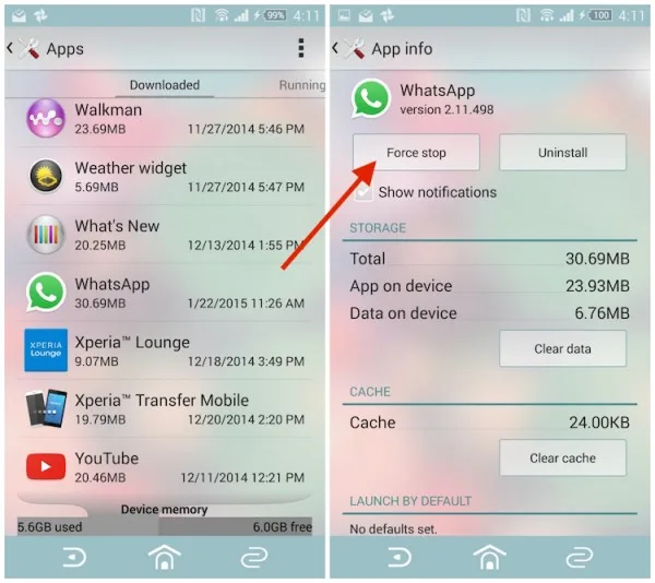 WhatsApp Force Stop