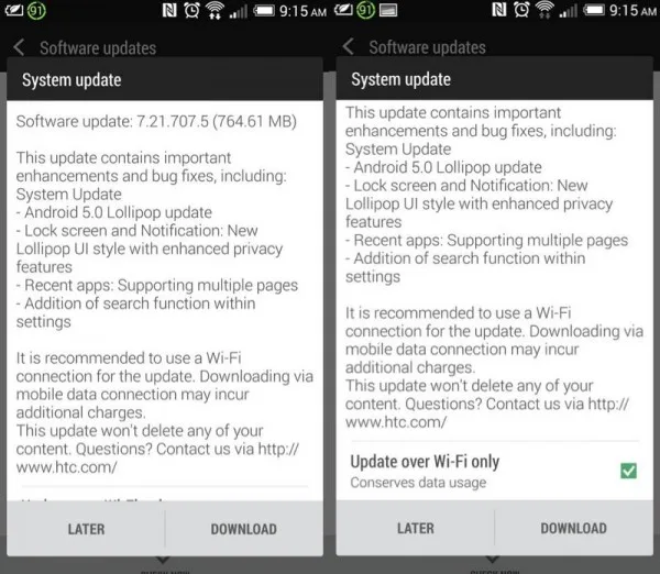 Android 5.0 Update for HTC One M7