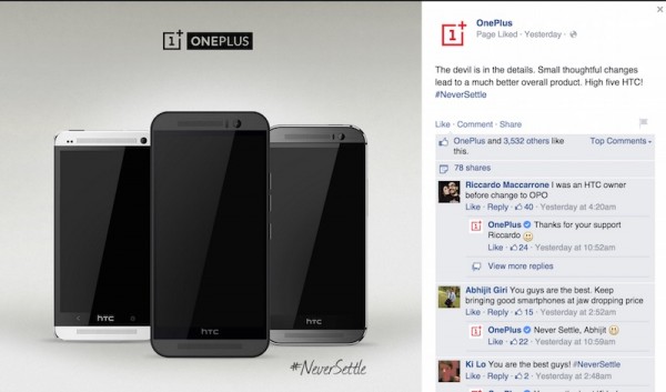 OnePlus Praises HTC One M9 on Facebook