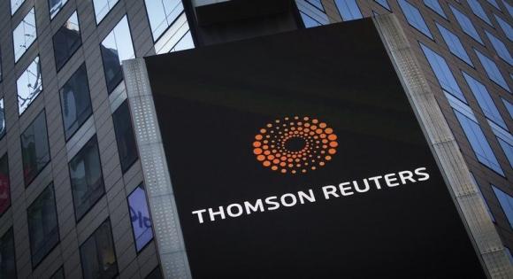The Thomson Reuters logo on building in Times Square, New York
