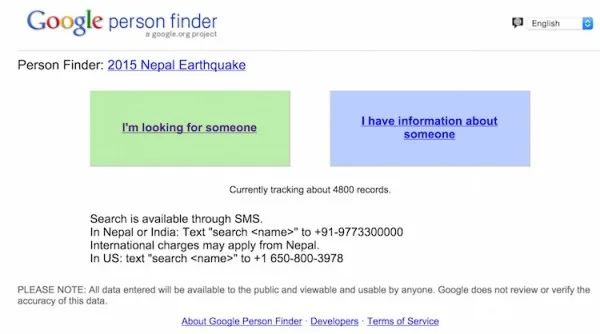 Google Nepal Earthquake Person Finder