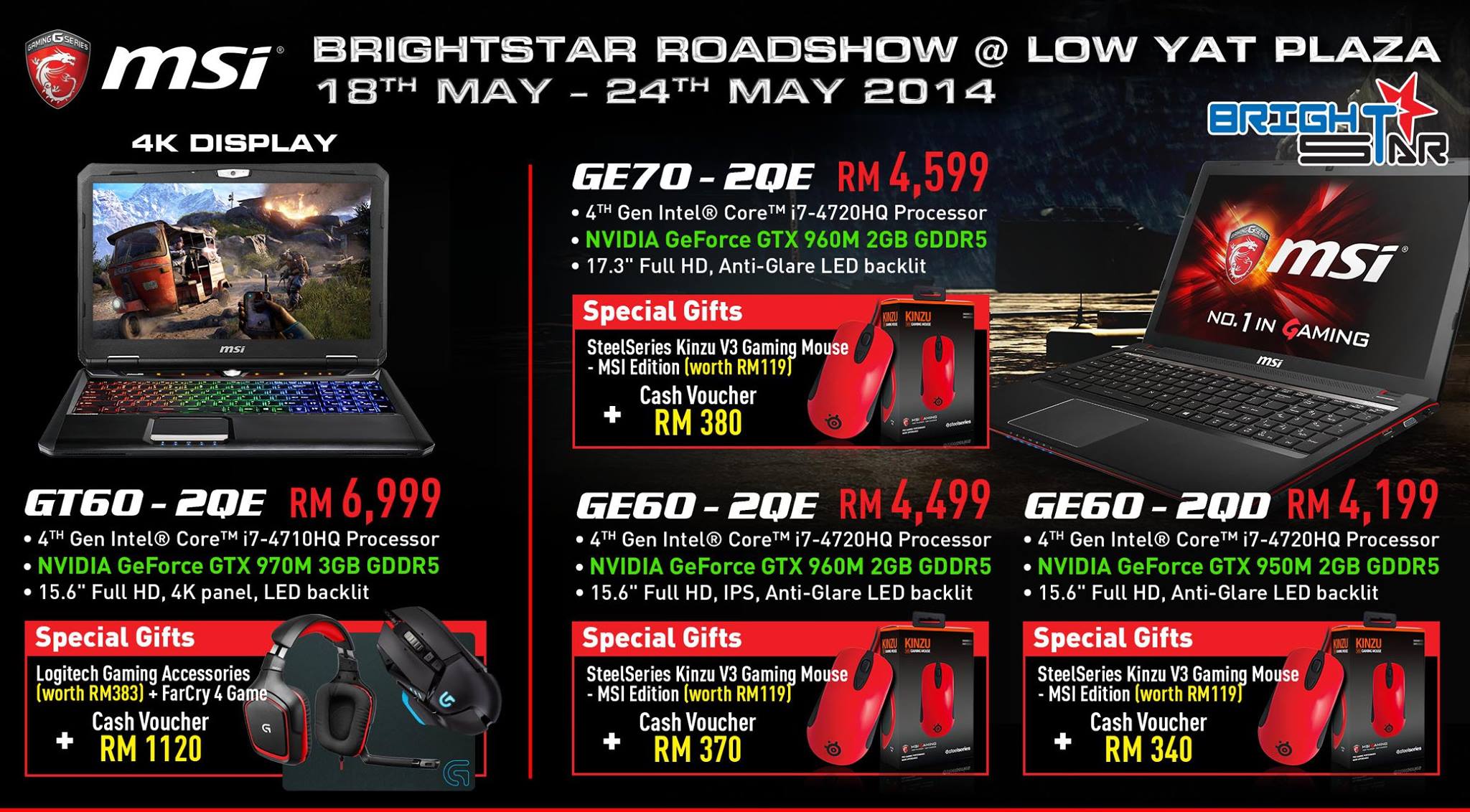 Brightstar Offering up to RM1,120 Cash Voucher on Selected MSI Gaming