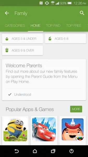 Play Store on Android Family Category