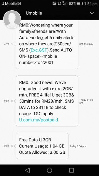 SMS from U Mobile regarding Free 2GB Data Free 4 Life