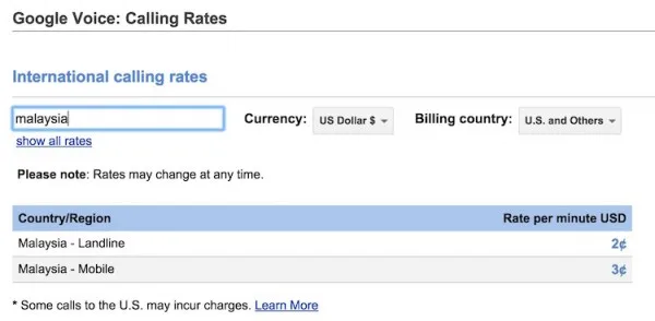 Google Voice Calling Rates for Malaysia