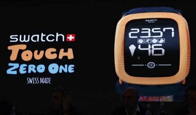 The new 'Swatch Touch Zero One' is seen on a screen during the Swiss watchmaker's annual news conference in Corgemont