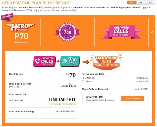 U Mobile Hero Plan 7GB data and Unlimited Calls for RM70