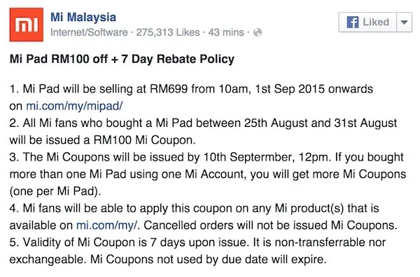 Xiaomi Malaysia Lowers Price of Mi Pad RM699