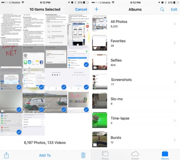 iOS 9 Photos Screenshot and Selfie album and Drag to select multiple photos