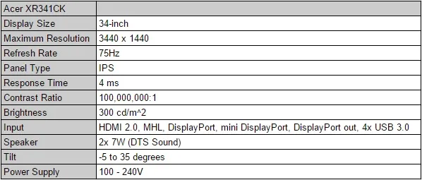 Acer XR341CK Specs
