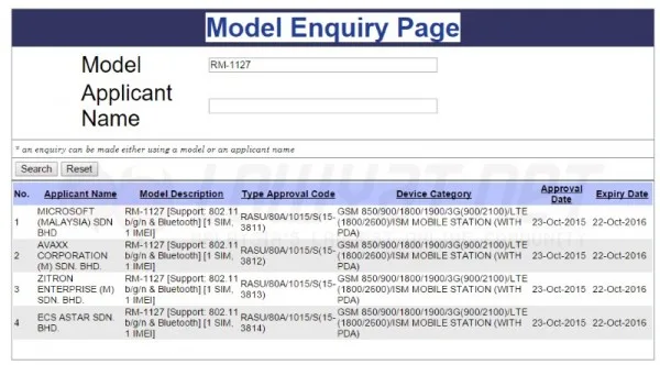 Microsoft Lumia 550 in SIRIM Database