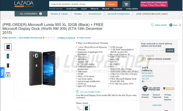 Microsoft Lumia 950 XL Pre-Order at Lazada Malaysia