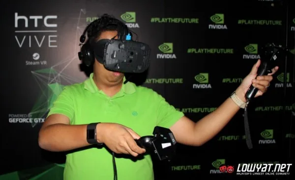 The original HTC Vive VR headset and controllers.