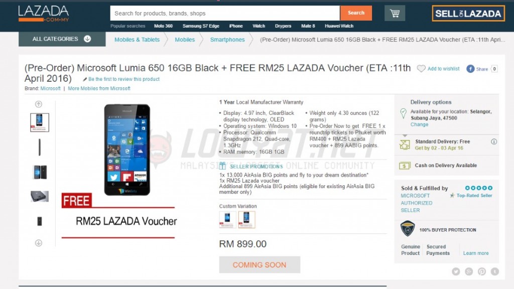 Microsoft Lumia 650 Pre-Order On Lazada Malaysia