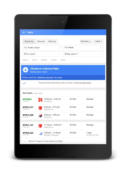 Google Flights Tablet