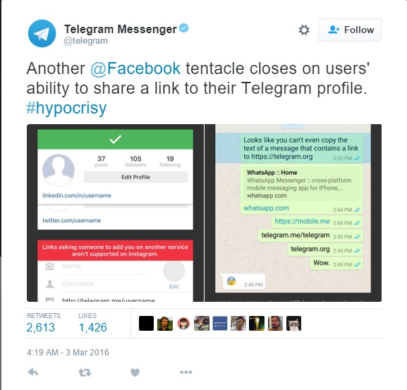 Telegram complaining about being blocked on Instagram