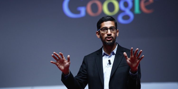 Sundar Pichai, senior vice president of Android, Chrome and Apps at Google Inc., speaks during a keynote session at the Mobile World Congress in Barcelona, Spain, on Monday, March 2, 2015. The event, which generates several hundred million euros in revenue for the city of Barcelona each year, also means the world for a week turns its attention back to Europe for the latest in technology, despite a lagging ecosystem. Photographer: Simon Dawson/Bloomberg via Getty Images