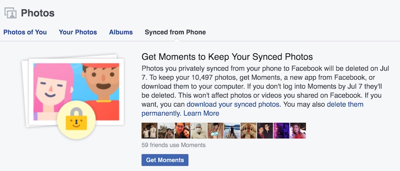 Facebook Message for Users to Use Moments