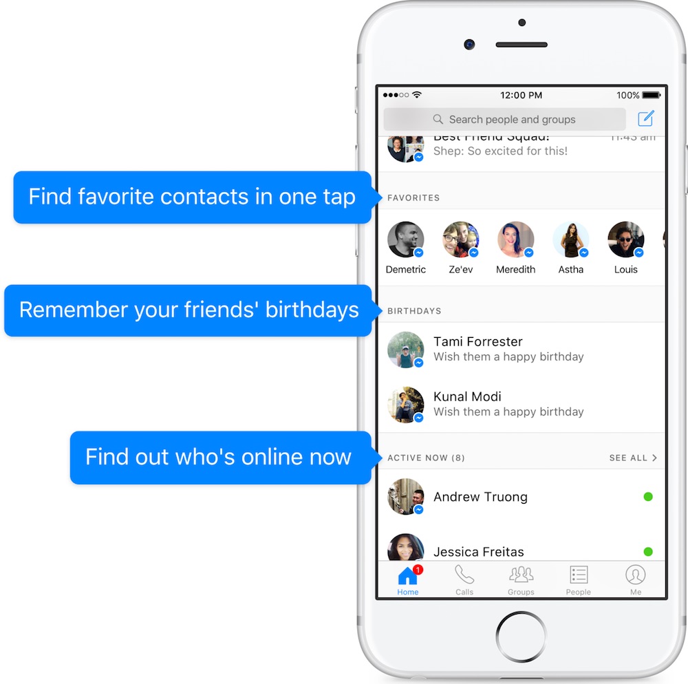 Facebook Messenger New Home Tab with Different Sections