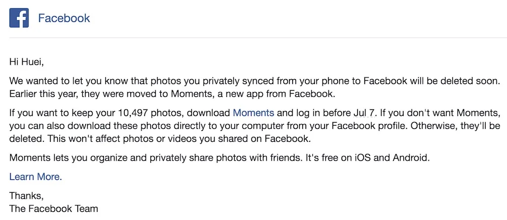 Facebook to removed synced photos unless you use its moments app