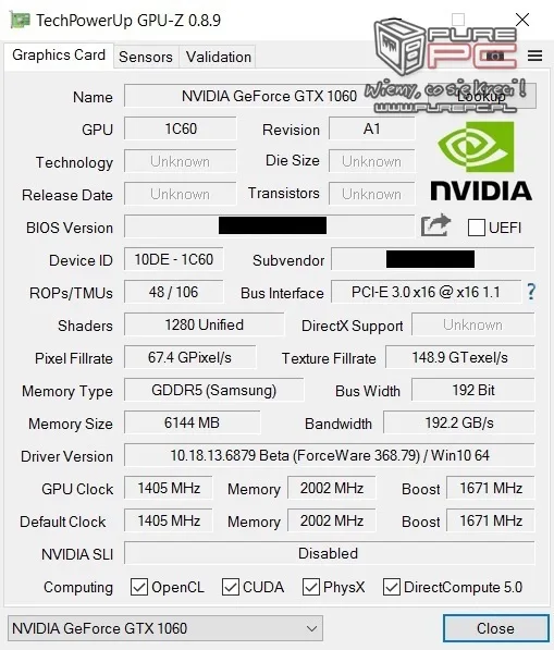GTX 1060 mobile specs