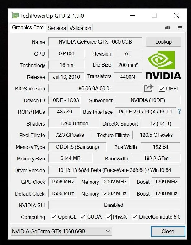 LYN NV GTX 1060 GPU-Z Stock