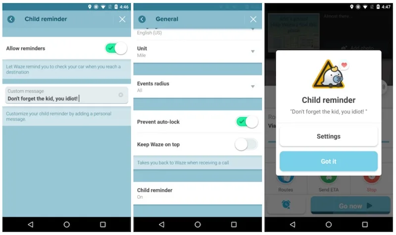 Waze Child Reminder Settings