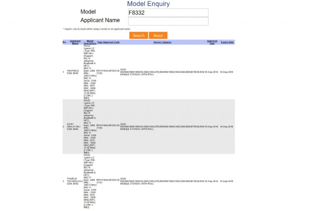 Xperia XZ at SIRIM's Database