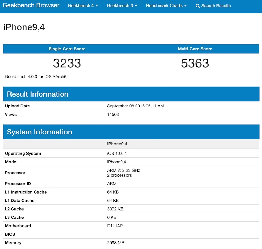 Geekbench iPhone 7 Plus 3GB RAM