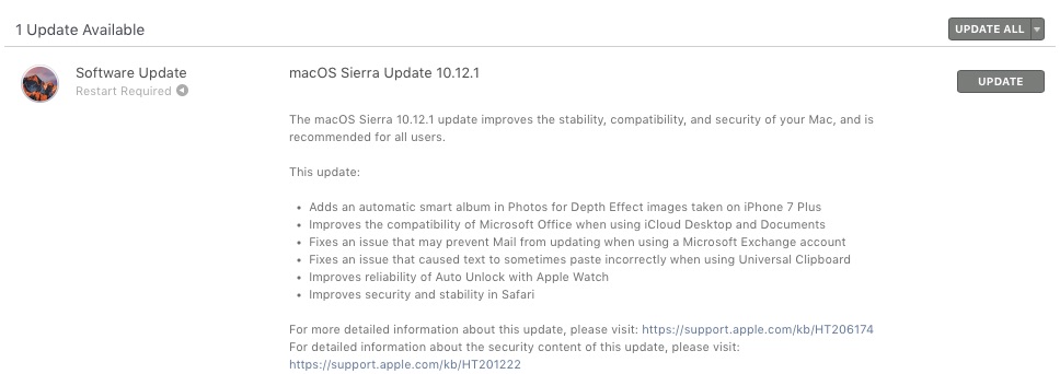 macOS 10.12.1 Sierra Update