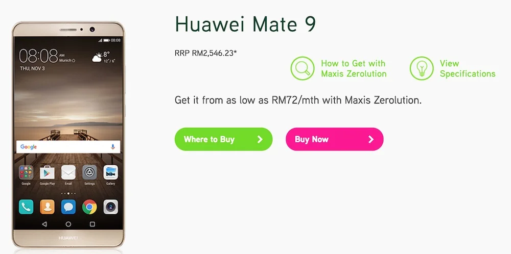 Huawei Mate 9 Now available on Maxis from RM72 a Month